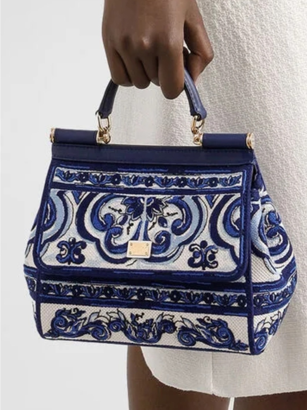 Dolce & Gabbana Navy and White Embroidered Top-Handle Bag